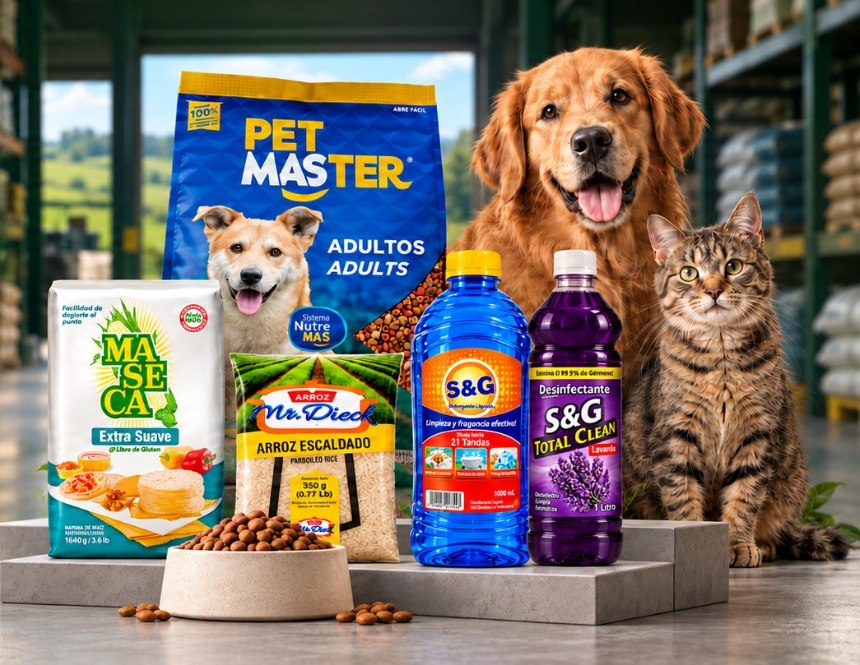 Maseca, arroz Mr. Dieck, Pet Master, productos S&G y mascotas en la bodega de Comercial La Roca